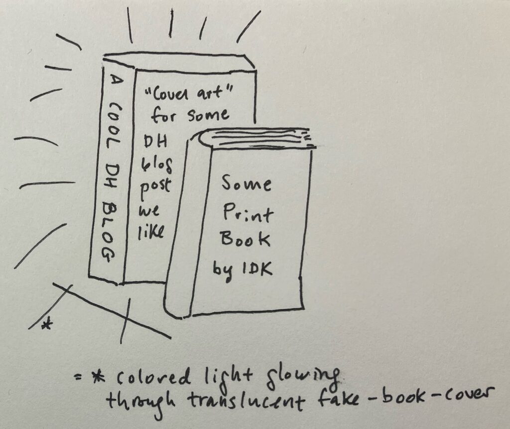 Author's sketch of what the final Ghost Book should look like. A rough drawing in black ink on white paper, of two book-shaped objects sitting together on a shelf. The object in front is labeled "Some Print Book, by IDK" on the front cover, and looks like a traditional print book. The object behind it is shaped roughly like a book, but is meant to be one of the Ghost Books this section describes; the spine is labeled "A COOL DH BLOG" and the front cover says "'Cover art' for some DH blog post we like". There are sparkly lines drawn around the Ghost Book, with a note saying they represent colored light glowing through a translucent fake-book-cover.