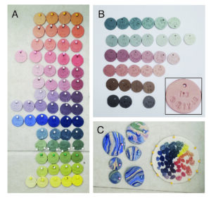 Figure in 3 parts - A-C. Part A is a grid of 62 small clay test tiles organized by hue and tint. Part B is 31 more text tiles of blues, pinks, grays, and brown. A close up one tile reveals an imprinted stamp that reads: 1:3 3R1Y4G. Part C is 6 various sized test tiles with striped of color embedded. On the left side is a color wheel test tile. 