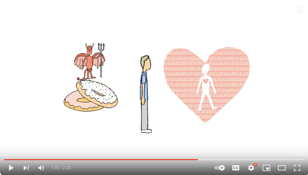 a cartoon white man, whom the devil is trying to tempt with donuts. Rather than being opposed by an angel, the devil is instead countered by the quantified self, visualized here as a pink heart with a blank effigy in the middle, surrounded by streaming data