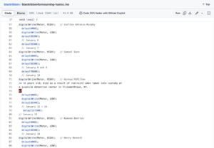 a screenshot of the Github page showing lines of the Arduino code accompanied by comments indicating the dates and names of people killed.