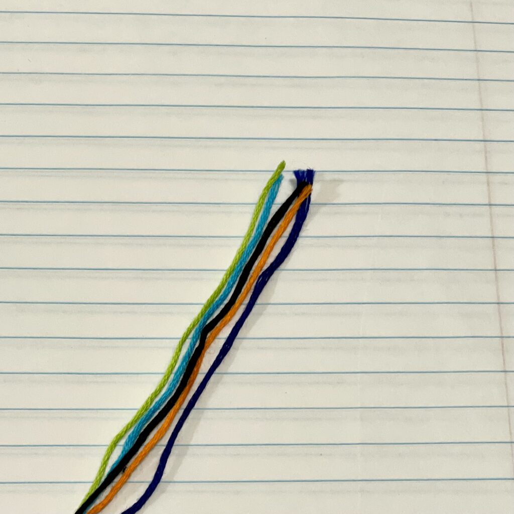 Figure 5. Step 5: Cut embroidery floss threads, one per color (five total).