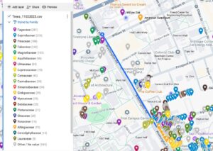 Screenshot of a Google "My Map" displaying points on the map that correspond to data about trees on campus. Color of pins on map correspond to the Family of Tree. The blue line in the upper right side represents the path between two libraries.