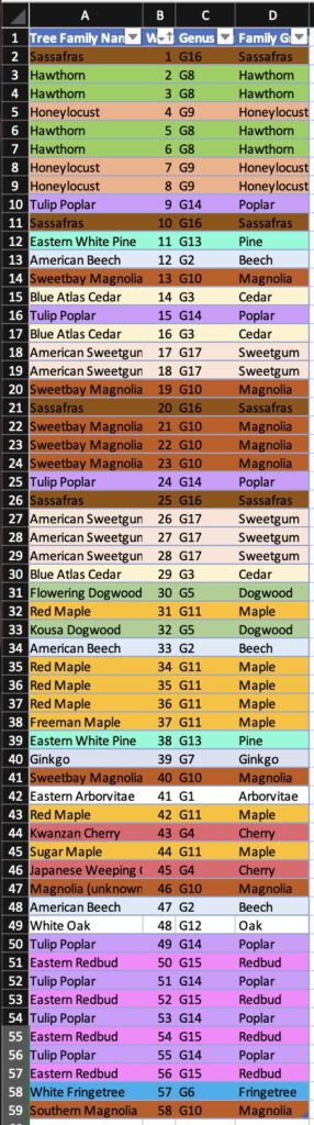 A spreadsheet with columns listing the Tree Family, Genus, and Family Group