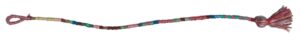 A multicolored friendship bracelet. One end is a tassel with large bead at the center and the other end is a loop through which the tassel fits. 
