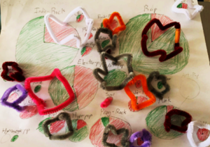 This data physicalization includes multiple hand drawn pie charts to represent different genres of music and sized proportionally based on the number of times listened to. The crowns, made from pipe cleaners, are placed on top of the pie charts.