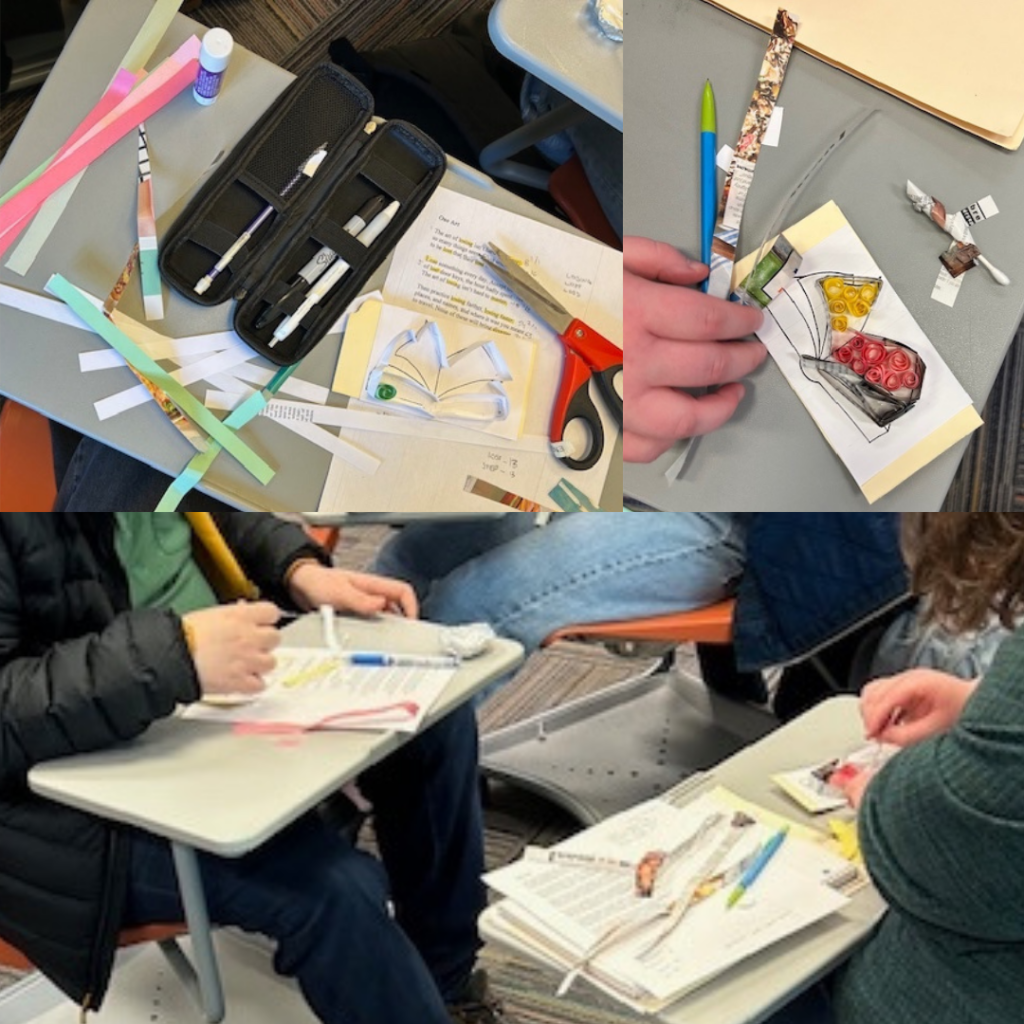 Three image photo grid of English foundations students as they roll strips of paper of different colors and textures into shapes to fill in their designs