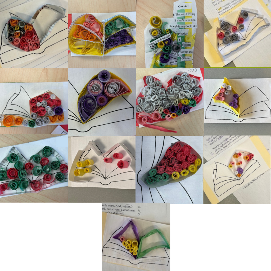 Thirteen-image photo grid of paper quilling examples. Small multi-colored coils of paper set inside paper walls shaped like an open book