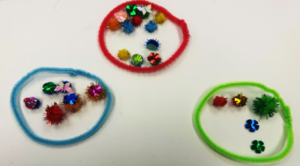 This data physicalization includes three circles made from different colored pipe cleaners. Inside each circle is symbolic representation of their data through pom-poms and designed sequences.