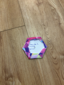 Colorful fabric surrounds a paper piece with the question "how do I make copies?" written on it in blue ink.