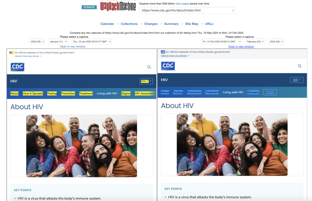 The C.D.C. webpage for "About H.I.V." opened in the "Wayback Changes" viewer. A version from January 19th, 2025 is opened in the left panel and a version from February 14th, 2025 is opened on the right. The tool highlights the differences in the two webpages. From this screenshot, it appears that several pages are removed from the menu, including "How it Spreads," "Stigma," and "H.I.V. Awareness." Some items are highlighted because the underlying code has been changed, but the content is not altered.